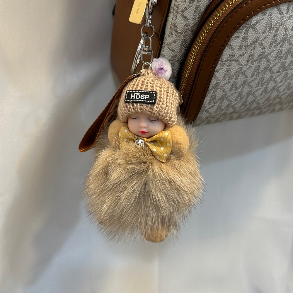 Sweet, cute, sleeping, baby doll,  tan Plush rabbit, fur Keychain fluffy NWT
